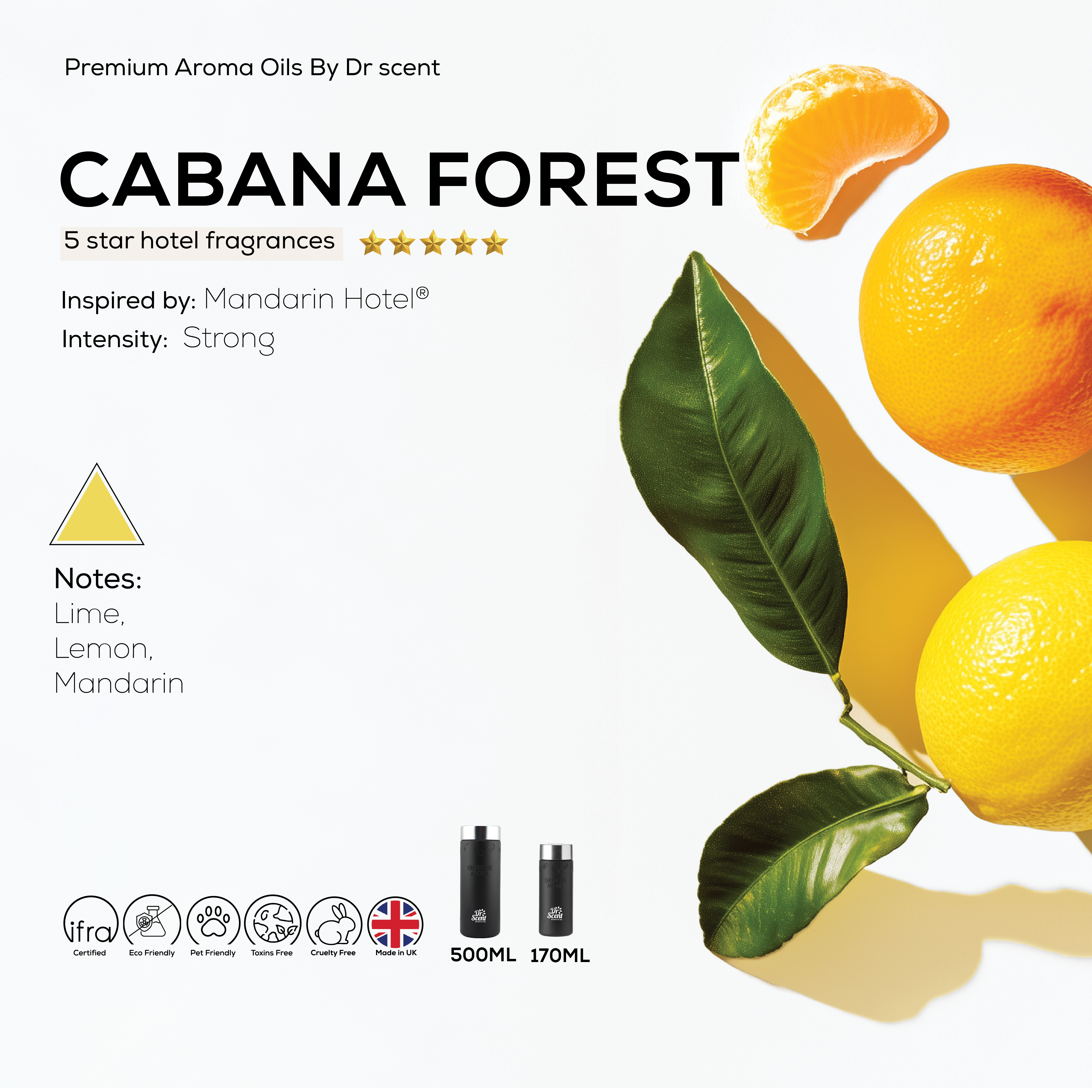 Cabana Forest citrus fragrance oil with lime, lemon and mandarin notes, 500ml and 170ml bottles