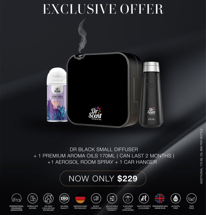 Dr Black small aroma diffuser bundle with oil, room spray and car hanger