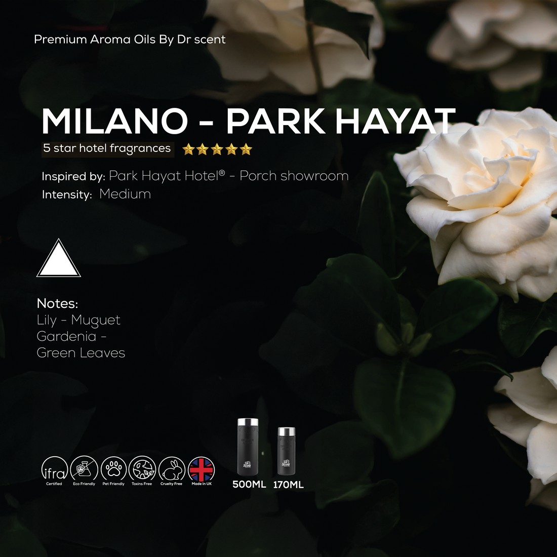 Milano floral fragrance oil with lily, muguet and gardenia notes, 500ml and 170ml bottles