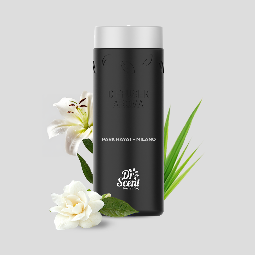 Milano white floral scent aroma oil bottle beside lily and gardenia flowers