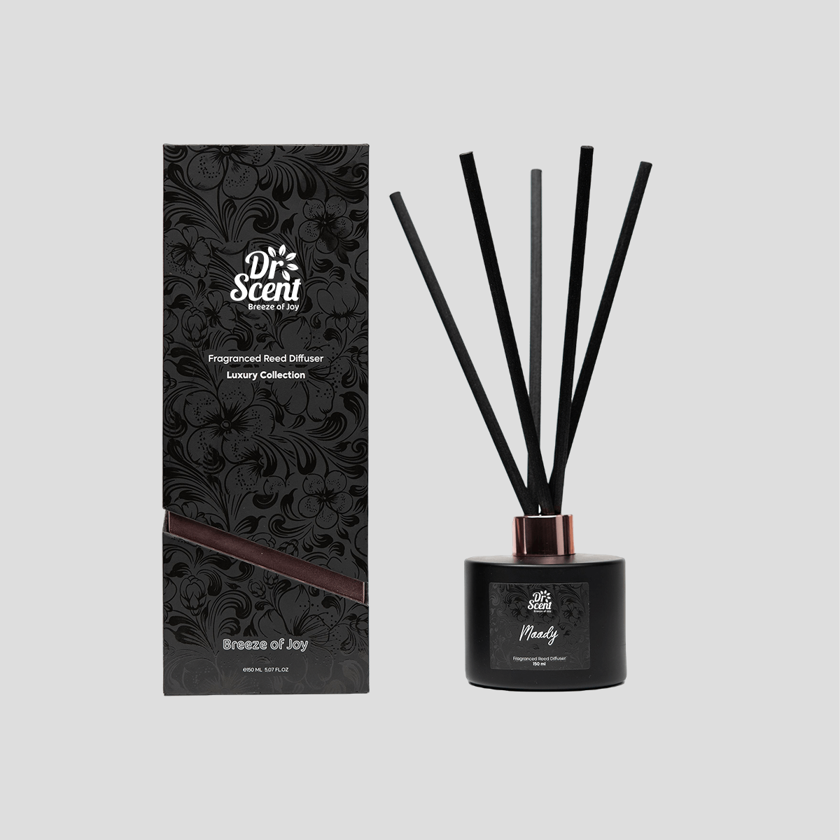 Moody reed diffuser with black bottle, reeds and gift box by Dr Scent