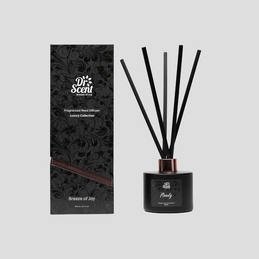 Moody reed diffuser with black bottle, reeds and gift box by Dr Scent