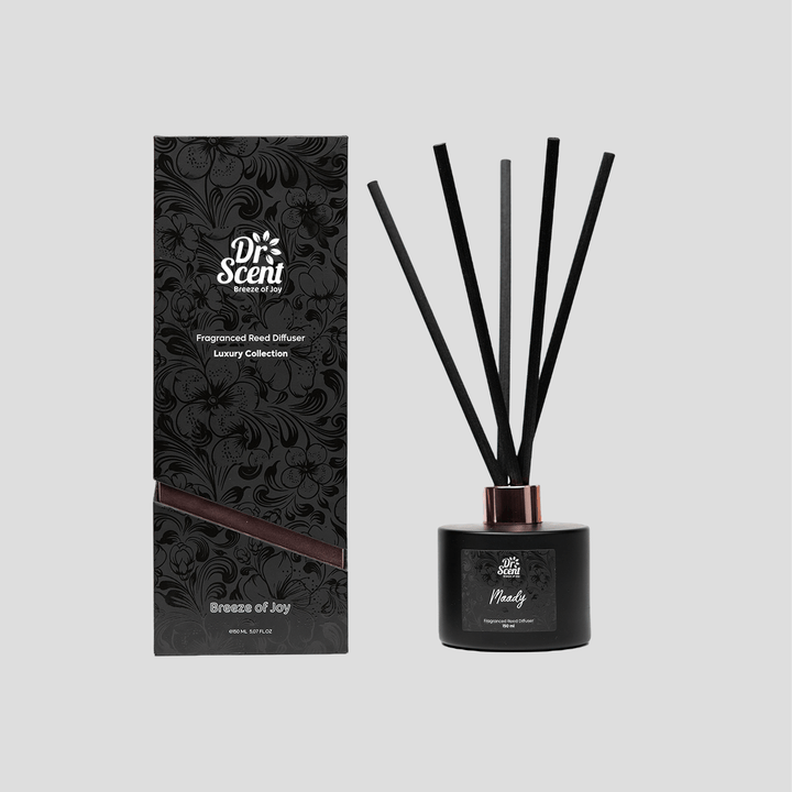 Moody reed diffuser with black bottle, reeds and gift box by Dr Scent