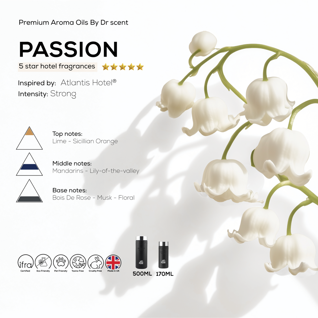 Passion fruity floral fragrance oil with lime, mandarin and lily of the valley notes, 500ml and 170ml bottles