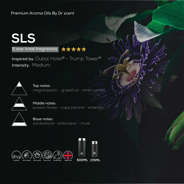 SLS Dubai hotel scent diffuser oil notes chart, 500ml and 170ml